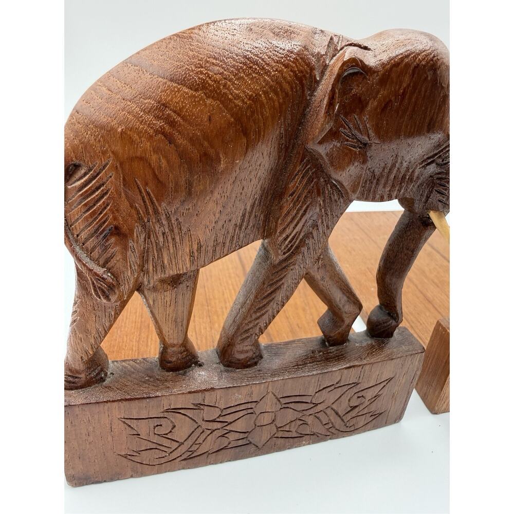 Vintage Wooden Carved Elephant Folding Bookends Set of 2 Brown Hand Carved - Picture 12 of 12